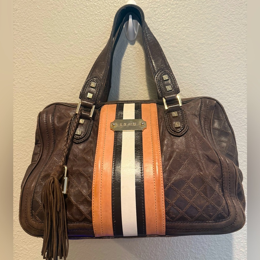 LAMB by Gwen Stefani 100% leather Brown monogram Argyle print- gold charms/lock